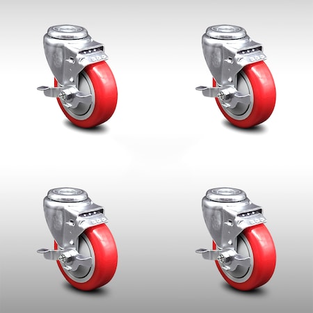 Service Caster 4 Inch SS Red Polyurethane Wheel Swivel Bolt Hole Caster Set with Brake SCC SCC-SSBH20S414-PPUB-RED-TLB-4